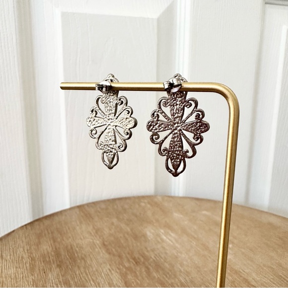 Silver Tone Turquoise Stylized Cross Swirl Scroll Hanging Stud Earrings NWT - Picture 6 of 6